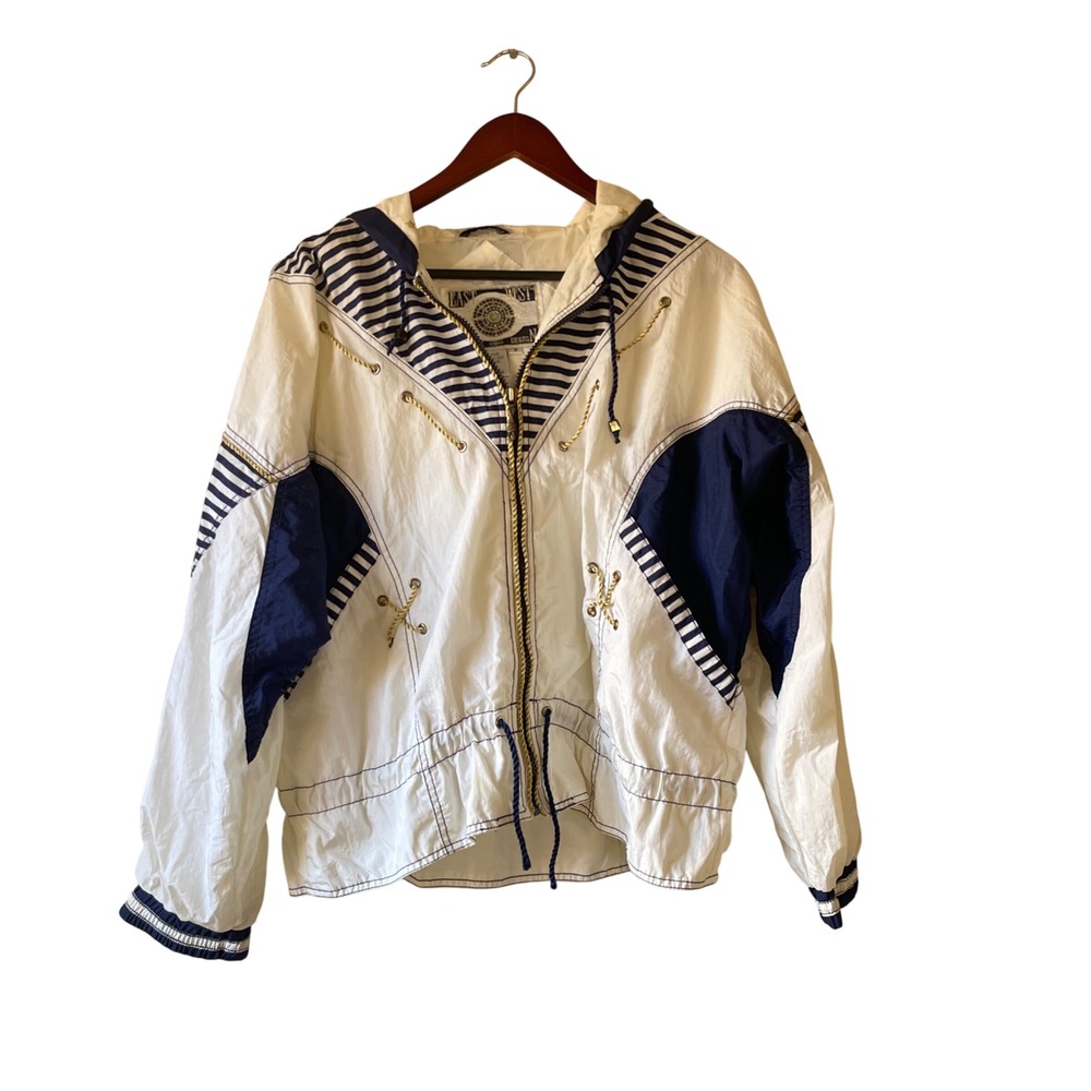 Vintage 80s Nautical Windbreaker‎ Jacket Women's Size S White Navy Gold Stars